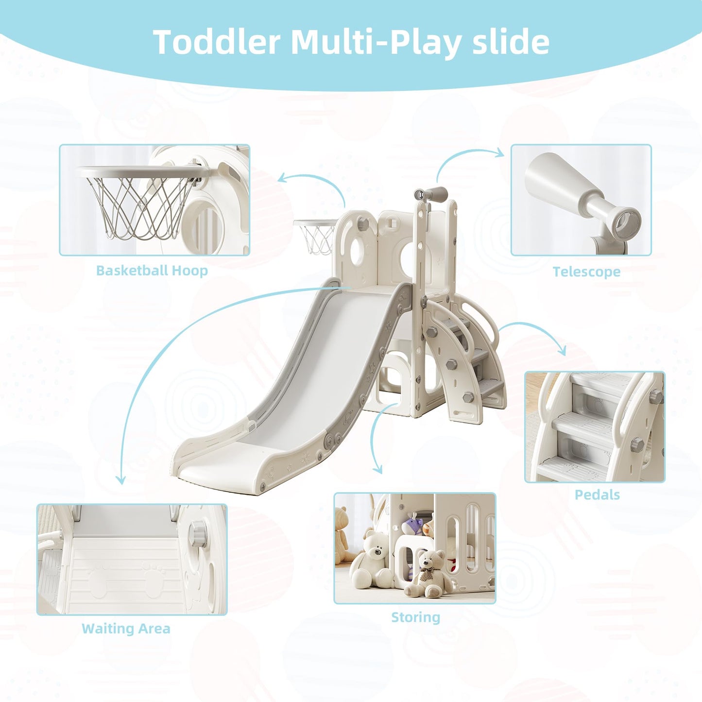 CuFun 6 in 1 Toddler Slide, Indoor Outdoor Playground for Kids 1-3, Baby Slide with Basketball Hoop, Storage, Climber and Telescope,Gray White