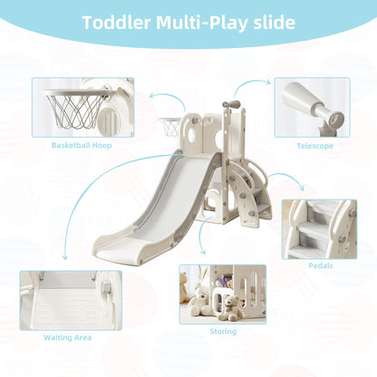 CuFun 6 in 1 Toddler Slide, Indoor Outdoor Playground for Kids 1-3, Baby Slide with Basketball Hoop, Storage, Climber and Telescope,Gray White