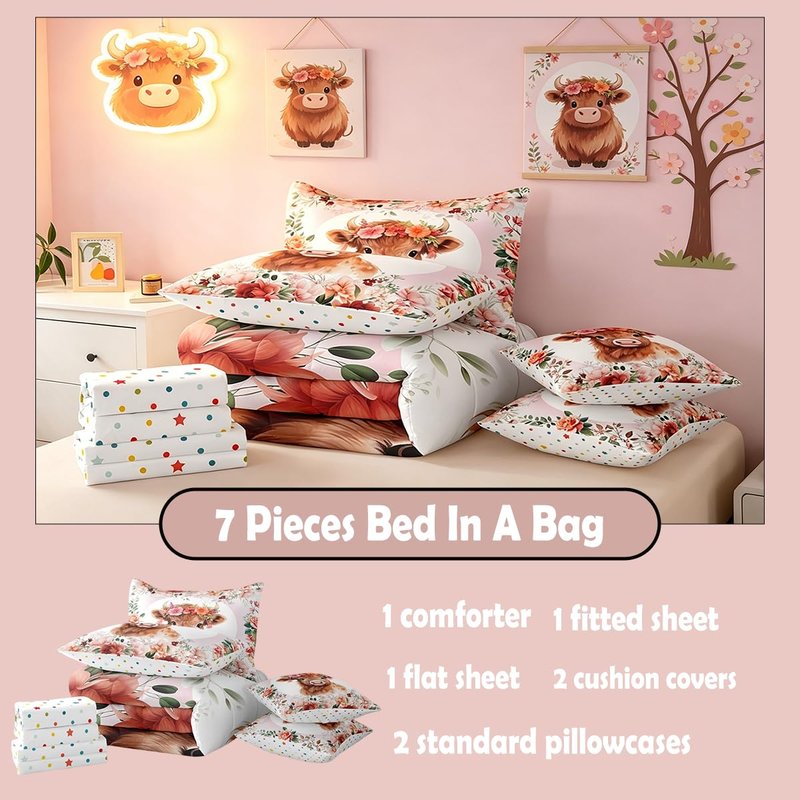 Feelyou Cute Highland Cow Bedding Set Twin Size 7 Pieces Cartoon Animal Comforter Set Flower Floral Print Farm Zoo Garden Theme Bed in a Bag with Comforter, Sheets, Pillowcases & Cushion Cover