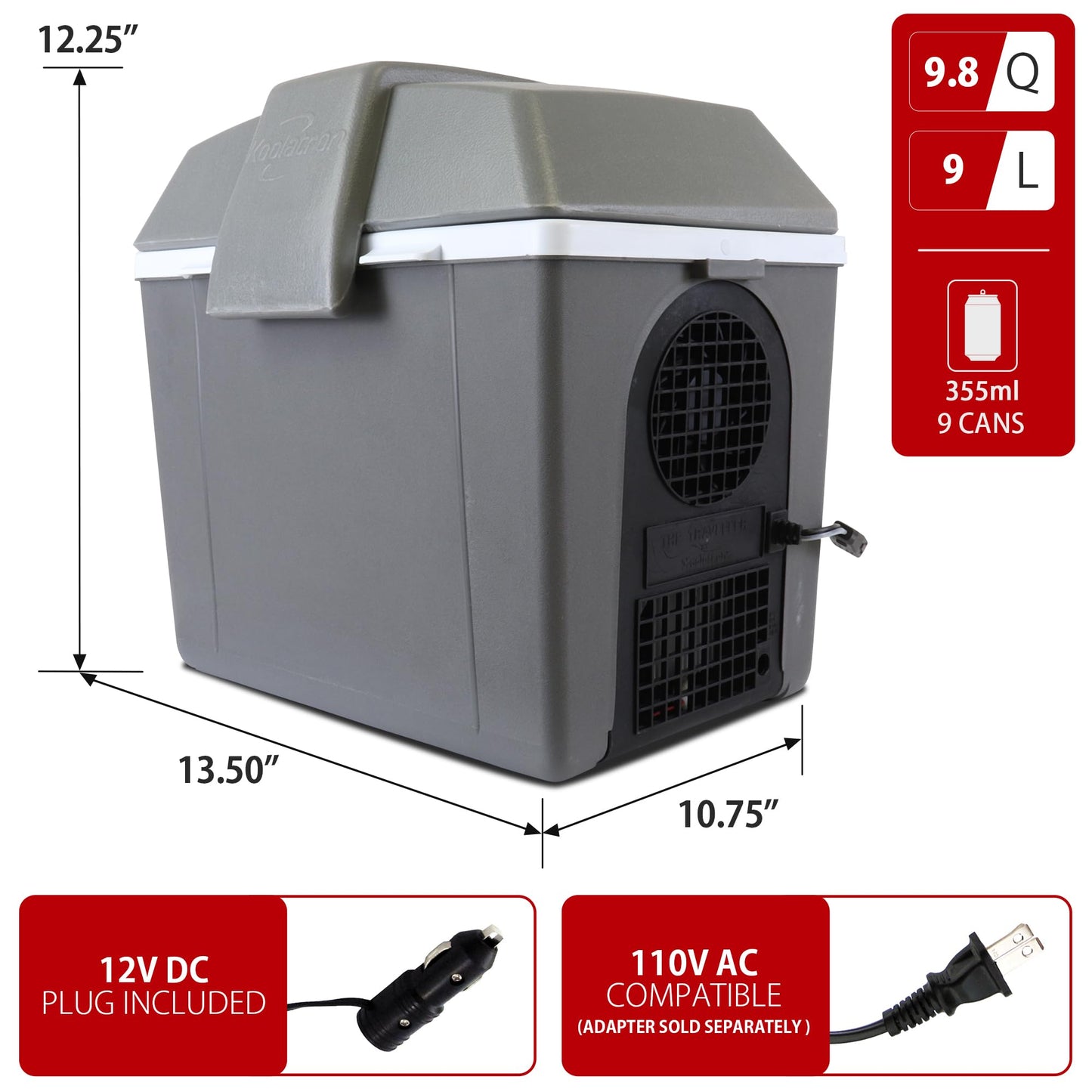Koolatron Electric Portable Cooler Plug in 12V Car Cooler/Warmer 9.8 qt (9 L), No Ice Thermo Electric portable Fridge for camping, Travel Road Trips Trucking with 12 Volt DC Power Cord, Gray/White.