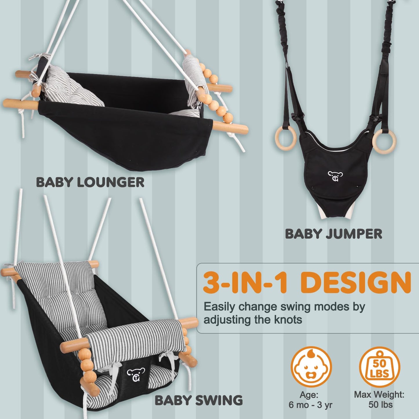 2-in-1 Baby Jumper & Swing, Montessori Wooden Toddler Swing Set with Stand for Indoor/Outdoor, Baby Bouncer Jumper & Hammock Swing with 5-Point Harness, Suitable for Children Ages Up to 3 Yrs