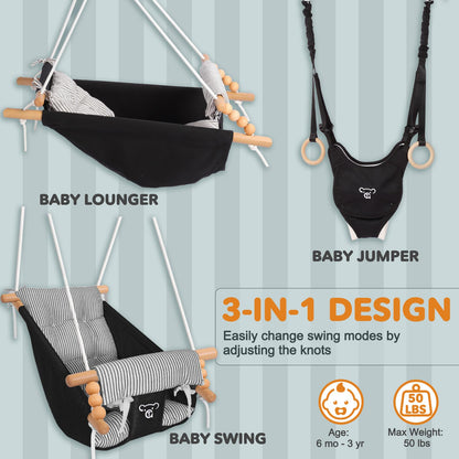 2-in-1 Baby Jumper & Swing, Montessori Wooden Toddler Swing Set with Stand for Indoor/Outdoor, Baby Bouncer Jumper & Hammock Swing with 5-Point Harness, Suitable for Children Ages Up to 3 Yrs