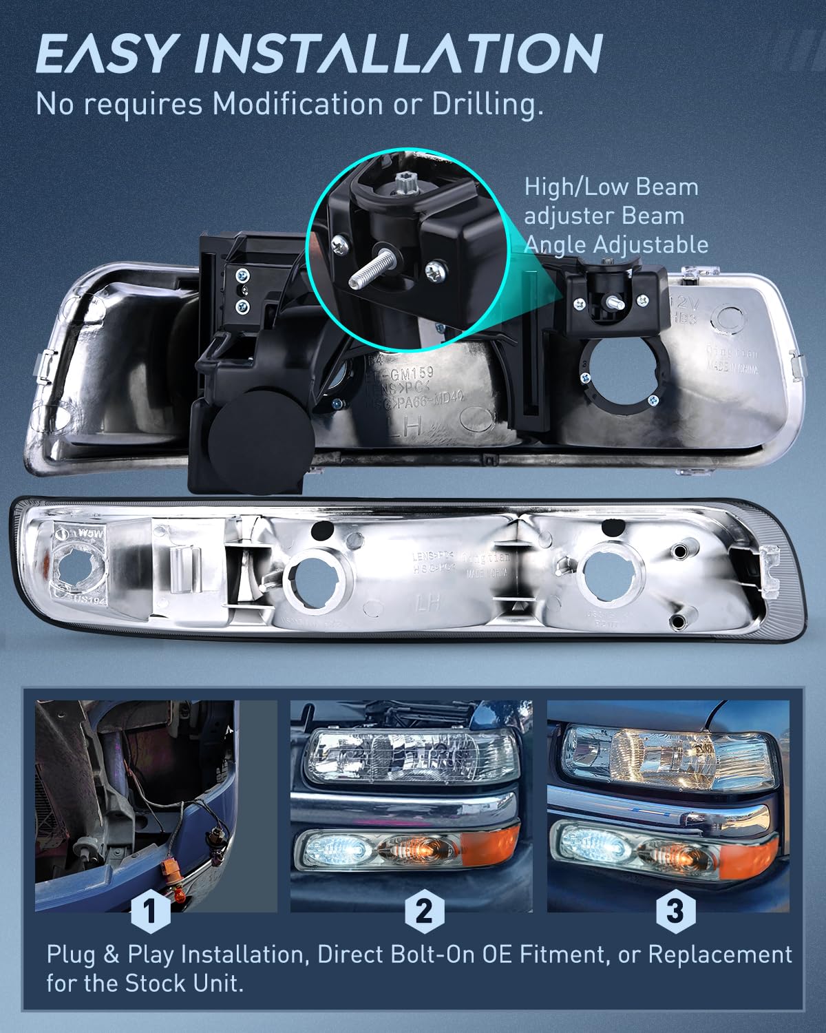 Nilight Headlight Assembly for 1999 2000 2001 2002 Chevy Silverado 1500 1500HD 2500 2500HD 3500 Chevrolet Tahoe Suburban Replacement Headlamp Housing Bumper Lights Set
