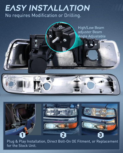 Nilight Headlight Assembly for 1999 2000 2001 2002 Chevy Silverado 1500 1500HD 2500 2500HD 3500 Chevrolet Tahoe Suburban Replacement Headlamp Housing Bumper Lights Set