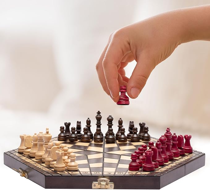 Husaria Wooden Three-Player Chess - 12 Inches - with Foldable Board Handcrafted Playing Pieces and Felt-Lined Storage