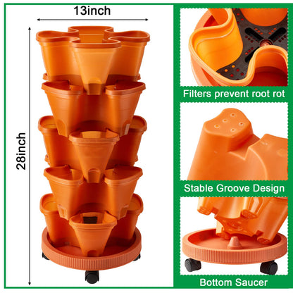 Umigy 2 Set 5 Tier Stackable Planters Vertical Garden Planters for Strawberry Herb Flower and Vegetable Indoor Outdoor Gardening Pots with Removable Wheels and Bottom(Terracotta)