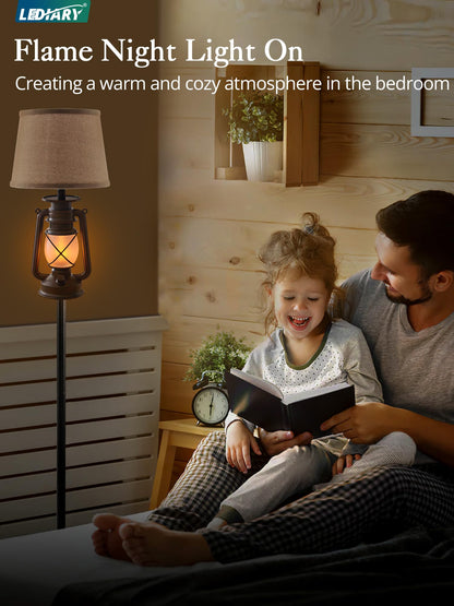 LEDIARY LED Flashing Flame Lantern Floor Lamp, Rustic Bronze, Beige Linen Shade, Ideal for Living Room and Bedroom Decor