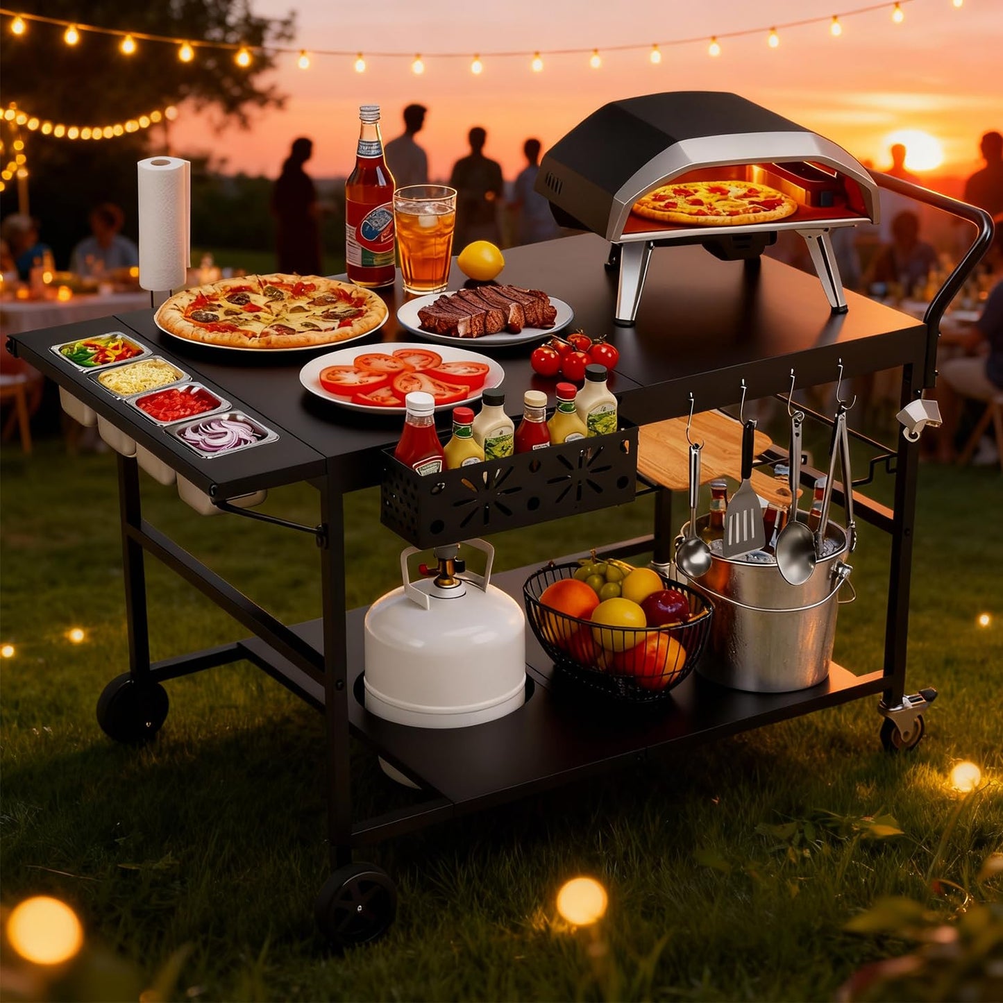 47" Outdoor Pizza Oven Table with Wheels, Pizza Oven Cart for Outside with Propane Tank Holder, Heavy Duty Pizza Oven Stand Prep Table for BBQ Patio Backyard Cooking