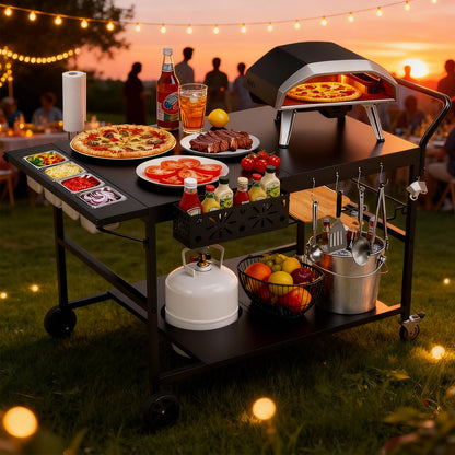 47" Outdoor Pizza Oven Table with Wheels, Pizza Oven Cart for Outside with Propane Tank Holder, Heavy Duty Pizza Oven Stand Prep Table for BBQ Patio Backyard Cooking