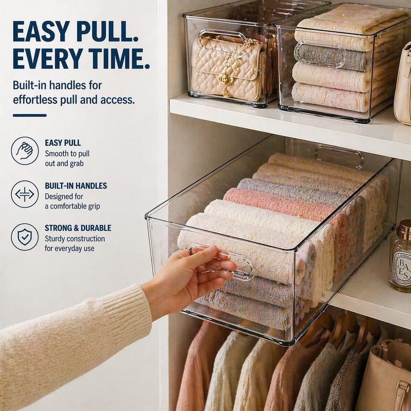MOONEDGE Open Clear Plastic Storage Bins Stackable Organizer Containers with Handles for Kitchen, Pantry, Fridge, Cabinet, Closet Storage & Home Organization 6 Pack（11 x 8 x 6 in）