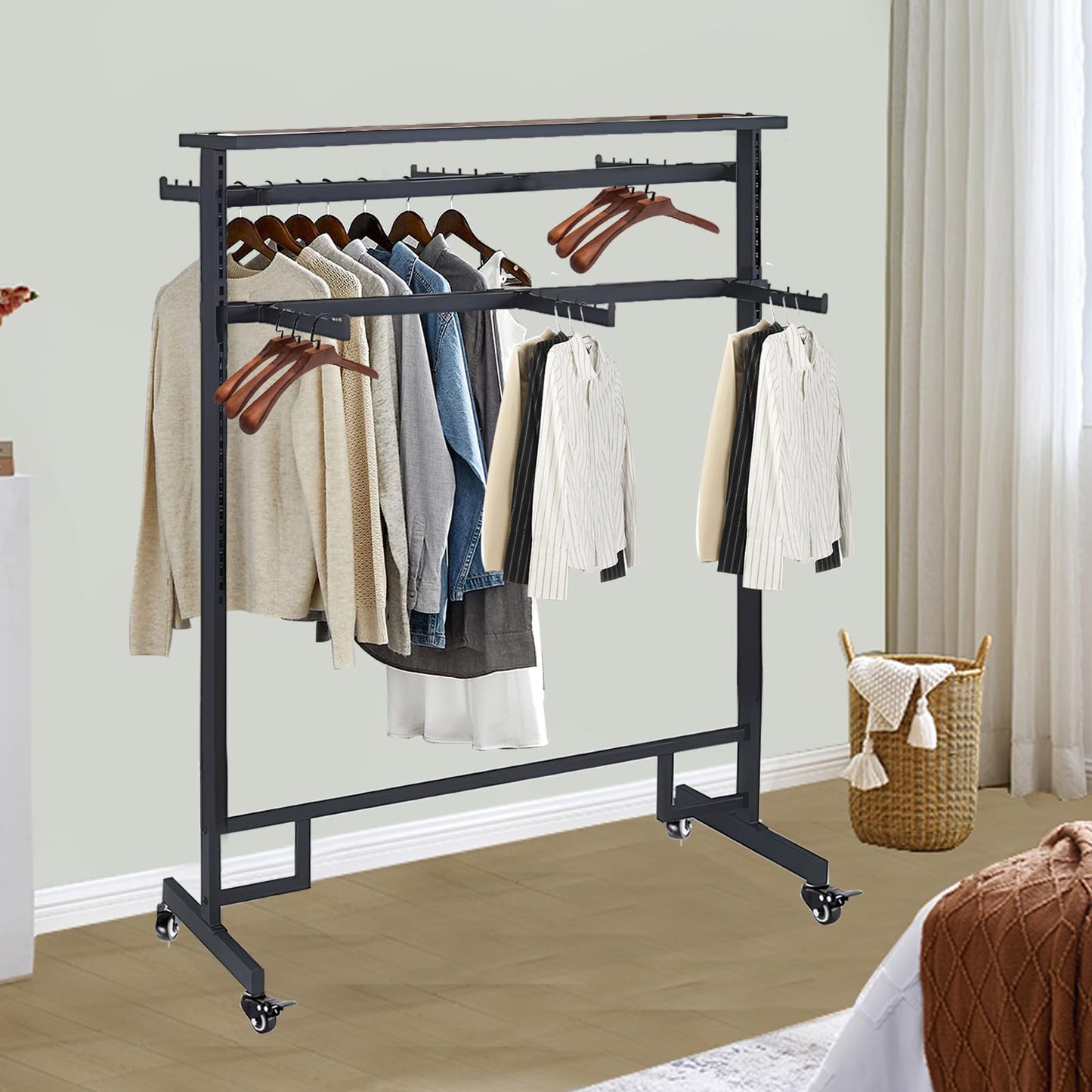 Clothing Rack with adjustable 8 Arms, Garment Rack Display Stand with Wheels and Shelf, Metal Clothes Hanger with Double Rod, Large Boutique Retail Stores Storage (Black, 59 * 19.6 * 61.02in)