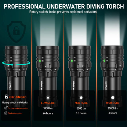 Wurkkos DL46 Dive Light, 20000 Lumen Scuba Diving Flashlight, Type C Rechargeable, 6* XHP50 LED 3 Modes Super Bright Underwater Light Waterproof Dive Torch, for Divers Diving