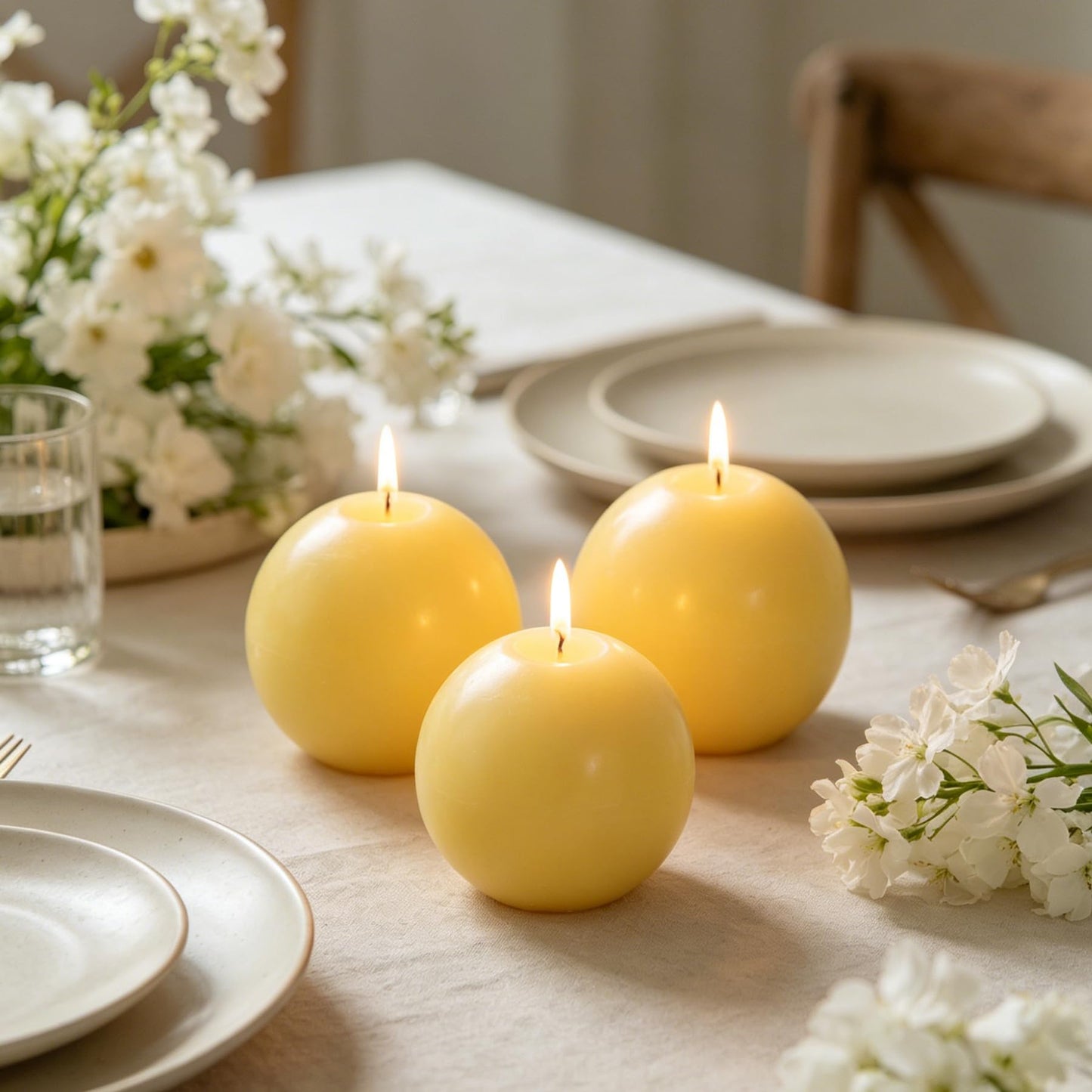 MAITREYA Beewax Round Pillar Candles-Unscented Decoration Candles Set of 3-Clean Burning Drisspless Dinner Candles of Home Decor Party