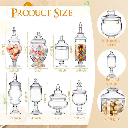 Mimorou 8 Set Glass Apothecary Jars with Lids and Plastic Scoops, Large Clear Candy Buffet Jars Decorative Storage Canisters Set Table Containers for Candy Bar Wedding Kitchen Bathroom(Various Glass)