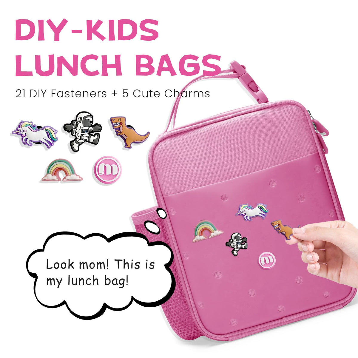 MEXS Lunch Box for Kids, DIY Charm ＆Insulated Lunch Bags for Boys Girls, Toddler Lunch Tote for School Picnic with Water Bottle Holder, Ideal for Ages 3+ (Unicorn/Dinosaur)