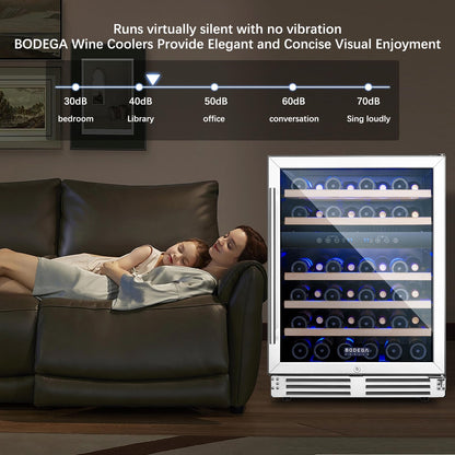 BODEGA 24 Inch Dual Zone Wine Fridge, 46 Bottle Built-in Wine Cooler with Compressor Cooling, Double-Layer UV Glass Door, Digital Thermostat & ≤35dB Quiet – Freestanding Fridge for Home Kitchen Bar