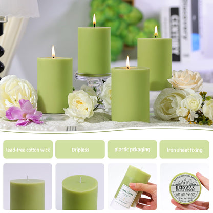 4 Pack Sage & White Tea Scented Pillar Candles-2.8x4 Inch Sage Green Soy Wax Candles-240 Hour Long Lasting Burning,Spring Aromatherapy, Non-Toxic & Smokeless for Home Decor, Dinner,Stress Relief&Gift