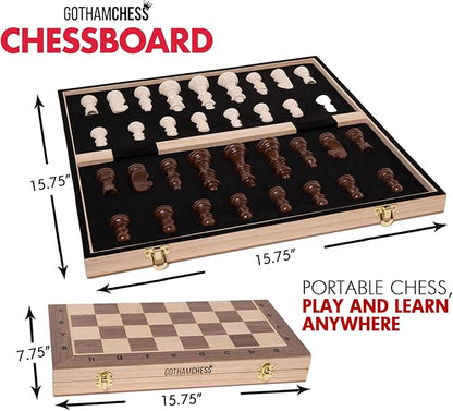 GothamChess Board | Foldable &amp Portable Magnetic Chess Pieces Organized Fitted Storage Includes Course by International Master Levy Rozman Game for Families &amp Adults | 15.75 x 15.75