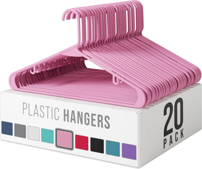 Plastic Hangers 20 Pack - Pink Clothes Hangers for Space-Saving Closet Organization | Perfect for Coats & Apparel