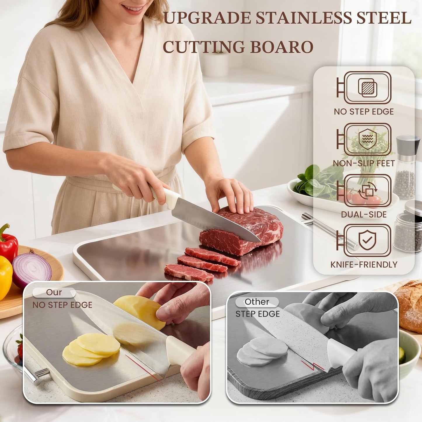 Skiennix Stainless Steel Cutting Board - Double-Sided Non-Toxic Chopping Board for Meat | 15.8"L x 10.2"W