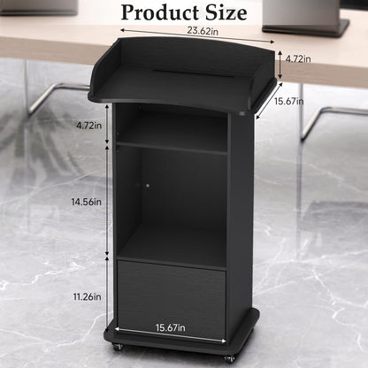 Suuiwau Portable Podium Stand with 4 Metal Wheels, Mobile Lectern Stand with Storage for Church Classroom Restaurant Reception Office Presentation, Wooden Pulpit Desk for Hostess Teacher (Black)