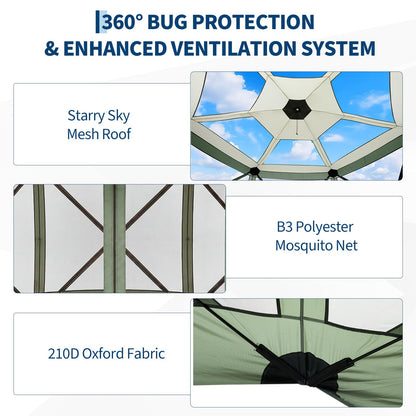 GarveeHome 13x13FT Pop Up Gazebo Screen Tent, 6-Sided Canopy with Starry Sky Top, 210D Oxford Water-Proof Instant Shelter with Mosquito Netting for Backyard Camping, Green & Gray