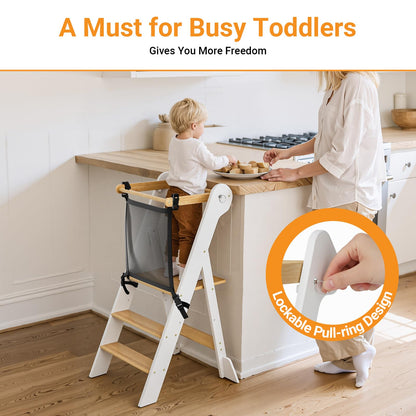 COSYLAND Foldable Toddler Kitchen Stool Helper - Height Adjustable Standing Tower for Bathroom Sink or Kitchen Counter - Step Stool for Toddlers Ages 18 Months to 6 Years White & Natural