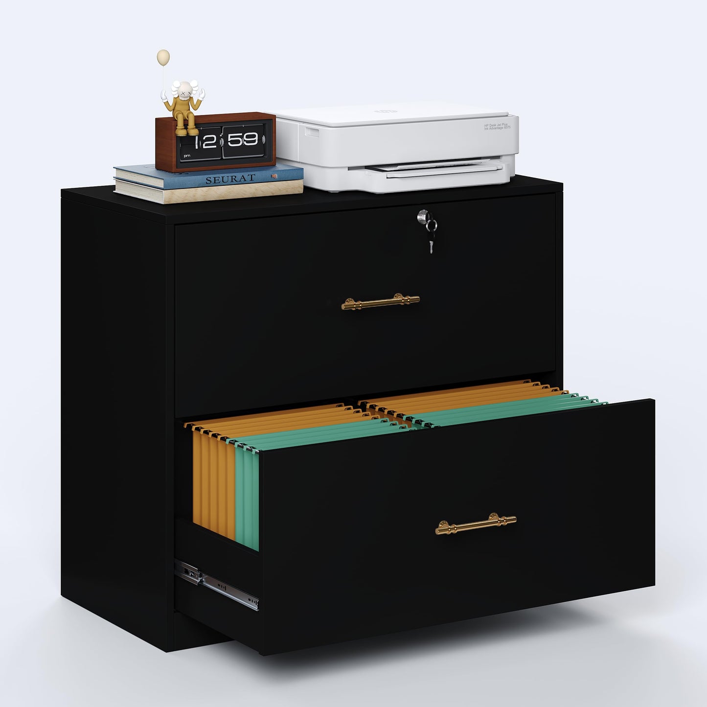 GFGWXW 2 Drawer Lateral File Cabinet with Lock, Suitable for Letter/A4/F4/Legal Size Hanging Files,Large Wood Filing Storage Cabinets Printer Stand for Home Office,Black