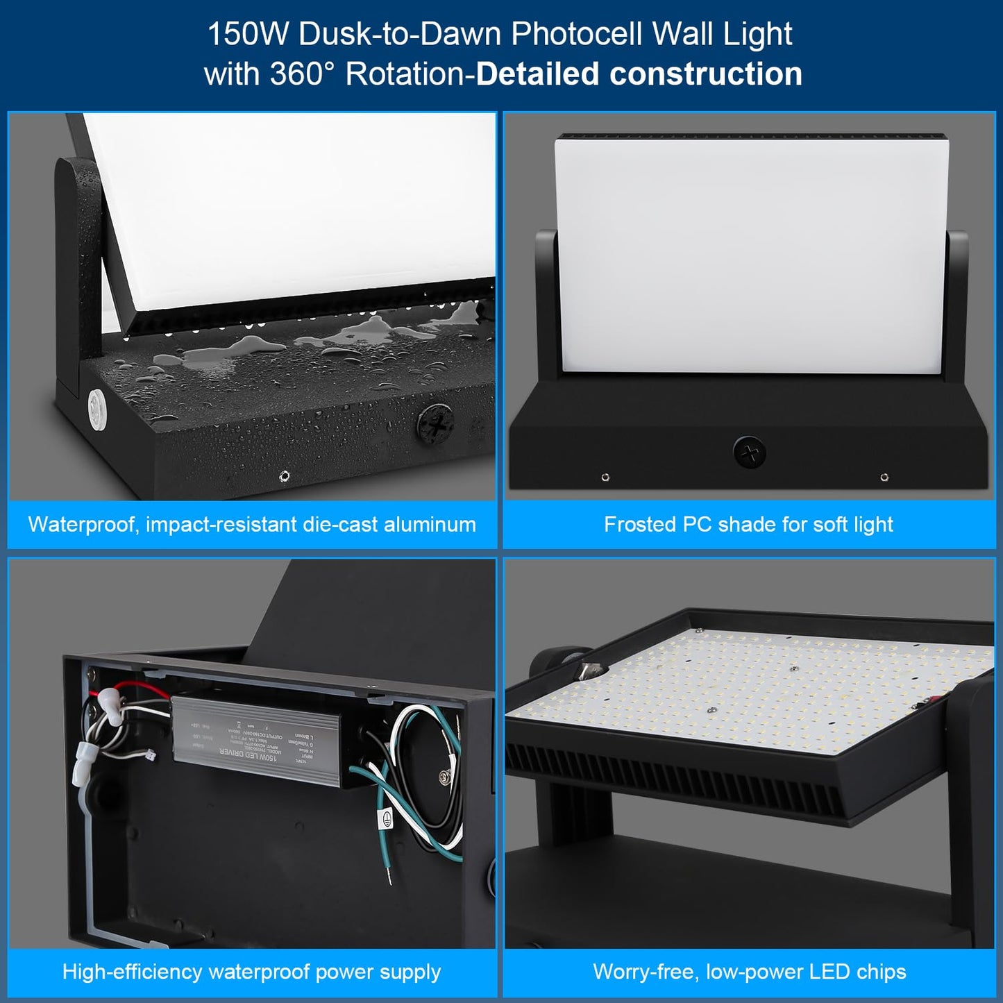 ledmo 150W LED Wall Pack Light Outdoor Dusk to Dawn LED Wall Pack Light Freely DIY Rotatable Modern 5000K Waterproof Black Security Floodlight Fixture for Shop House Area Barn，4 Pack