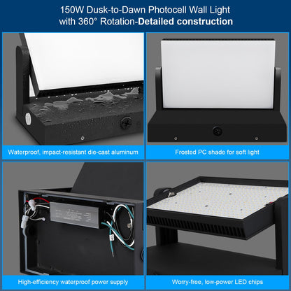 ledmo 150W LED Wall Pack Light Outdoor Dusk to Dawn LED Wall Pack Light Freely DIY Rotatable Modern 5000K Waterproof Black Security Floodlight Fixture for Shop House Area Barn，4 Pack