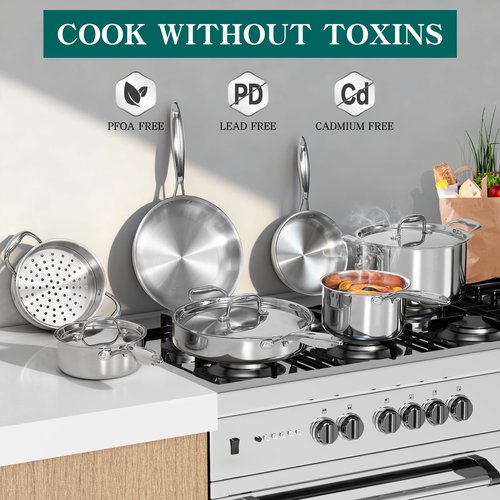 EWFEN Pots and Pans Set, 3 Ply 11 Piece Stainless Steel Cookware Set, Oven Dishwasher Safe | Induction Compatible Frying Pans, Saucepans, Saute Pan & Stock Pot, PFOA Free Kitchen Skillet
