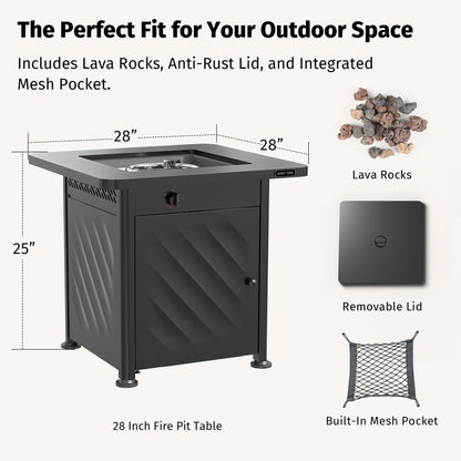 East Oak 28” Outdoor Propane Fire Pit Table | 52,000 BTU Gas Fire Pit for 2-4 People with Space-Saving Hock Lid, Mesh Pocket & Lava Rocks | CSA Certified Safe for Patio, Deck, Backyard, Black