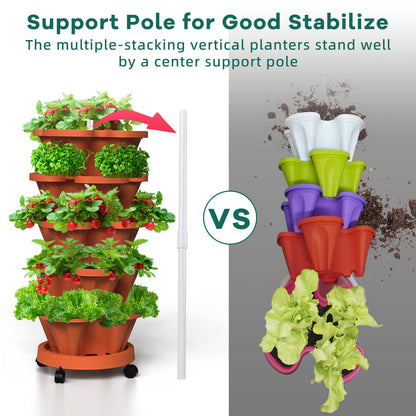 Tectsia Strawberry Vertical Planters 2 Pack, 5 Tiered Stacking Tower Garden with Support Pole, Stackable Herb Vegetable Planters Indoor Outdoor Terra Cotta