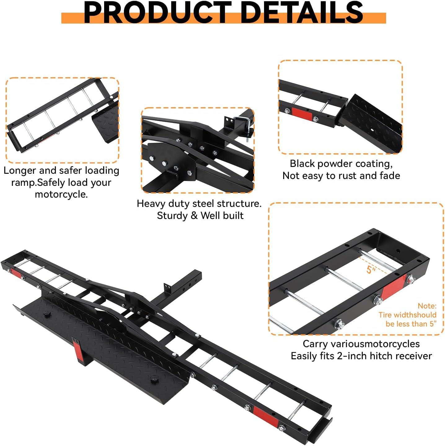 Garvee Motorcycle Trailer Carrier with Loading Ramp, 600 LBS Weight Capacity, Heavy-Duty Iron & Aluminum Construction, Includes 4 Straps, Black Motorcycle Transport Hitch Platform, Black