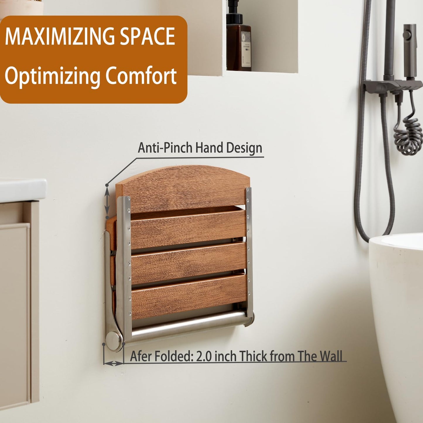 17.5" Folding Shower Seat Wall Mounted,Foldable Shower Bench,Fold Down Shower Seat,Folding Shower Seat Bench,Wall Mount Shower Seat Bench Chair (Teak)