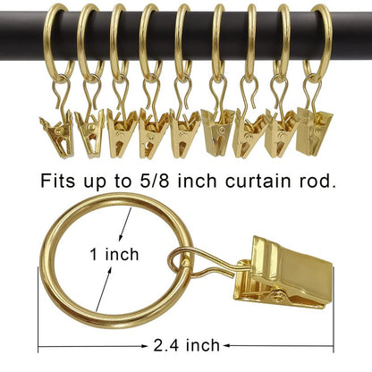 AMZSEVEN 44 Pack Metal Curtain Rings with Clips, Drapery Clips with Rings, Drapes Rings 1 inch Inner Diameter, Fits Diameter 5/8 inch Curtain Rods, Gold