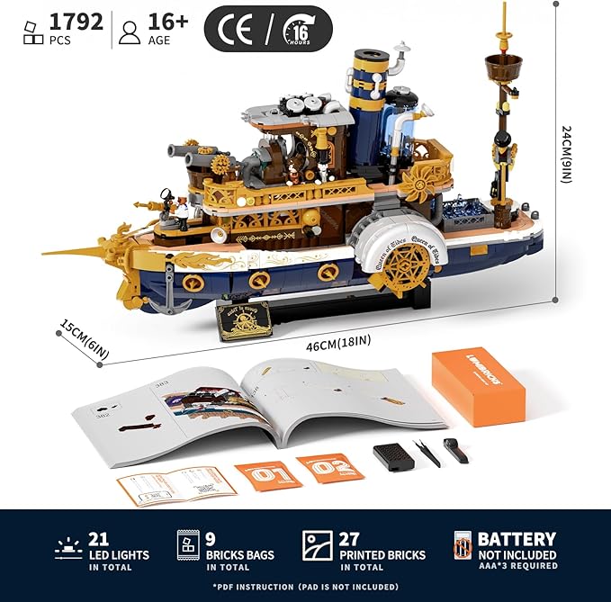 Steampunk Steamship Lighting Building Bricks Set - Steamboat Model Pirate Ship Destroyer Playset Collection Display kit with Minifigures 1792 Pcs for Adults &amp Teens &amp Steampunk Lovers