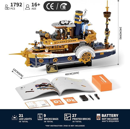 Steampunk Steamship Lighting Building Bricks Set - Steamboat Model Pirate Ship Destroyer Playset Collection Display kit with Minifigures 1792 Pcs for Adults &amp Teens &amp Steampunk Lovers