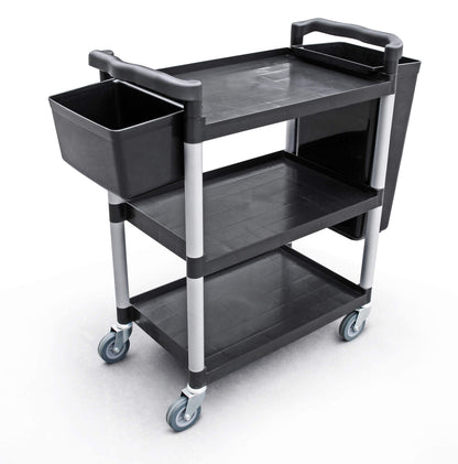 New Star Foodservice Heavy-Duty 3-Tier Plastic Utility Bus Cart with Locking Casters, 350 lb Capacity, 42.5 x 19.5 x 38.5 Inch, Black
