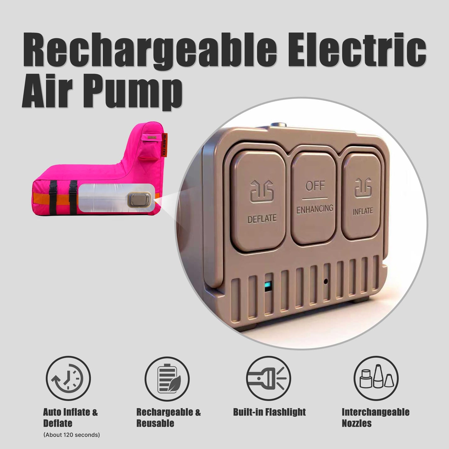 HI-NEW-TEX Inflatable Couch with Removable Electric Pump: Portable Air Sofa Lounger for Camping, RV Travel, Beach, Festivals, Backyard and Dorm Rooms, Pink