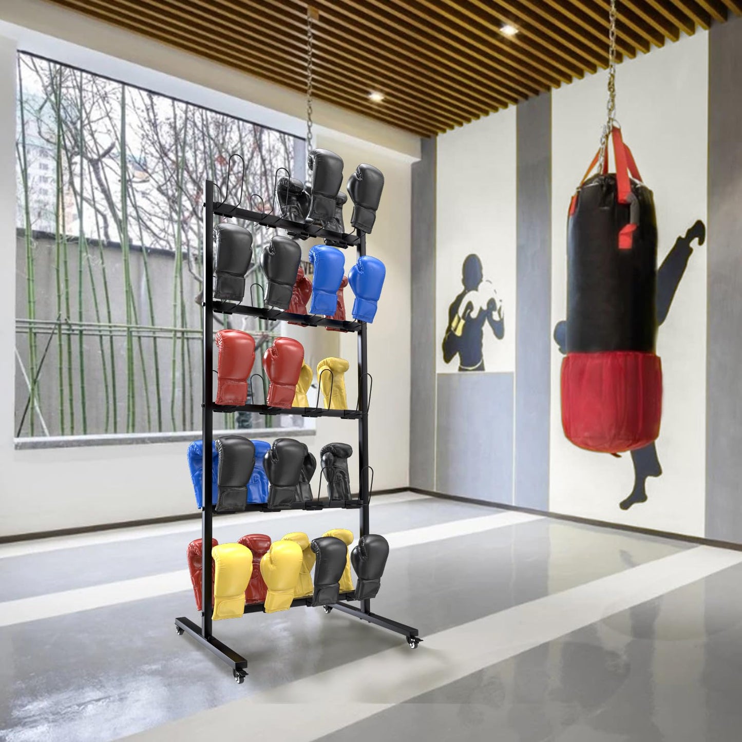 SHZYJBRY Metal Boxing Gloves Drying Rack, Boxing Glove Storage with Universal Wheels to Slide, Metal Boxing Gloves to Dry Out, Holds 20 Pair of Gloves, Black
