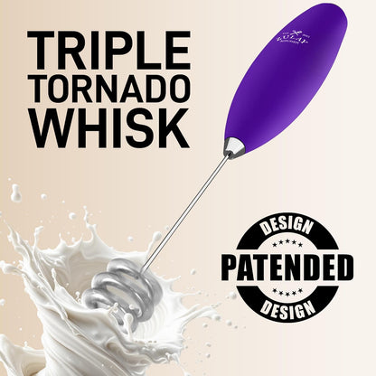Zulay Kitchen Tornado Triple Whisk Milk Frother - Handheld Foam Maker for Coffee & Lattes | Includes 4 Duracell Batteries - Purple