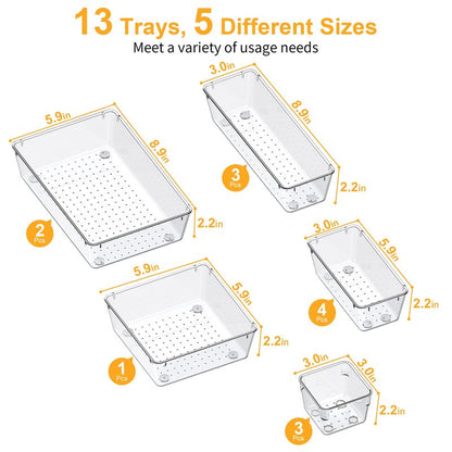 SMARTAKE 13-Piece Drawer Organizers with Non-Slip Silicone Pads, 5-Size Desk Bathroom Drawer Organizer Trays Storage Tray for Makeup, Jewelries, Utensils in Bedroom Dresser, Office and Kitchen, Clear