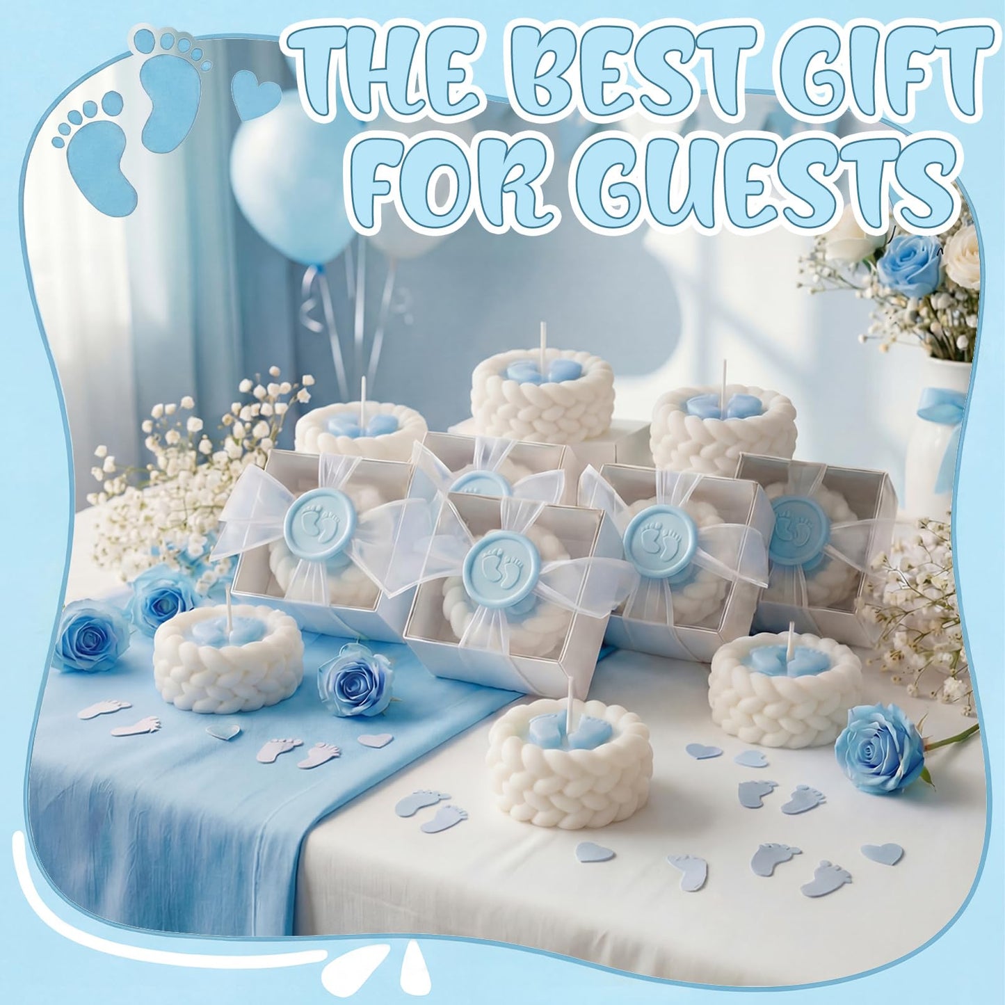 MTLEE 24 Pcs Baby Shower Candle Party Favors for Guests Blue Footprints Scented Candles with Bow Gift Box Ribbon Cute Feet Shaped Return Gifts Keepsakes for Baby Shower Gender Reveal Party Supplies