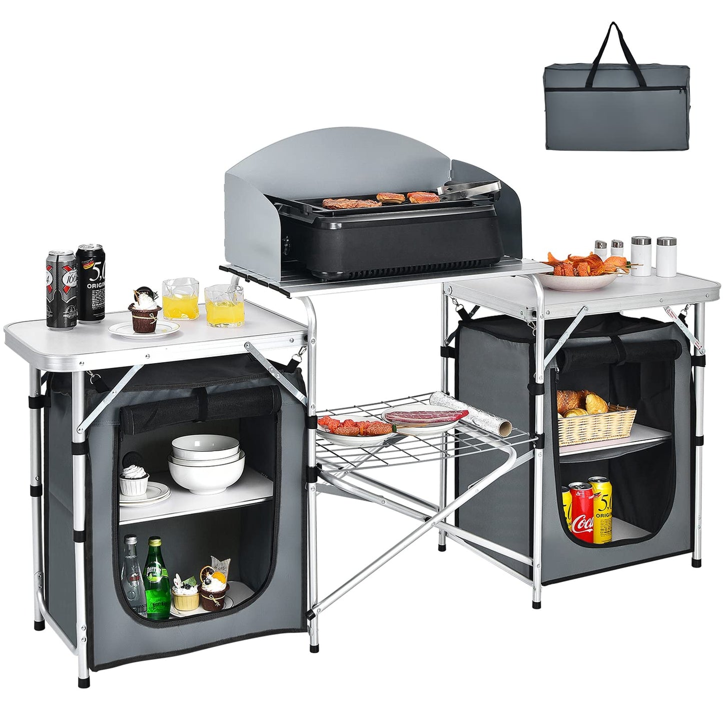 Giantex Camping Kitchen Station, Folding Grill Table with 26'' Tabletop, 2 Side Tables, Storage Organizer, Detachable Windscreen, Portable Camp Cook Outdoor Prep Station Backyard BBQ Picnic (Grey)