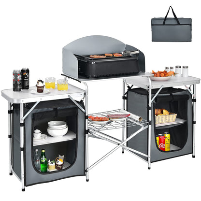 Giantex Camping Kitchen Station, Folding Grill Table with 26'' Tabletop, 2 Side Tables, Storage Organizer, Detachable Windscreen, Portable Camp Cook Outdoor Prep Station Backyard BBQ Picnic (Grey)