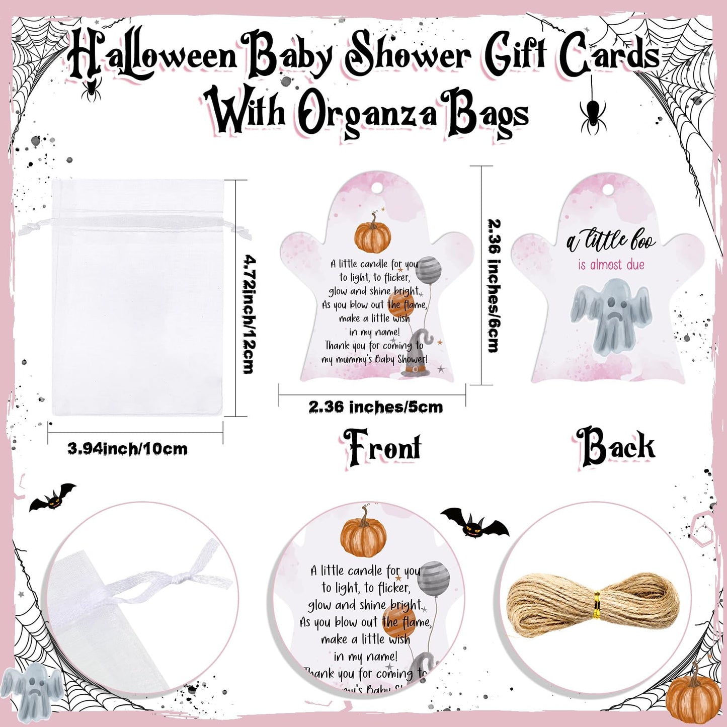 MTLEE 50 Sets Halloween a Little Boo is Almost Du Baby Shower Favors Cute Ghost Candles Unscented with Mini Ghost Thank You Cards Bags for Halloween Boo Gender Reveal Party Supplies (Pink)