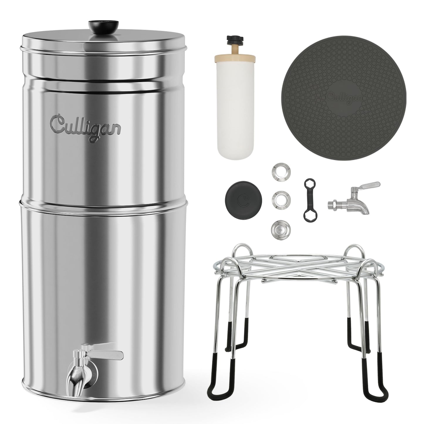 Culligan MaxClear 2.25 Gallon Gravity Water Filter System, Polished Stainless-Steel Countertop Water Filter NSF/ANSI Certified to Reduce Microplastics, Lead & Total PFAS, with 2 Ceramic Filter