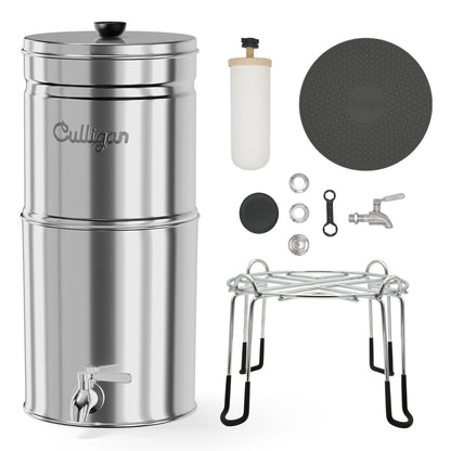 Culligan MaxClear 2.25 Gallon Gravity Water Filter System Removes Microplastics, PFAS & Lead, NSF/ANSI Certified, Polished Stainless-Steel Countertop Filter with 4 Ceramic Filters