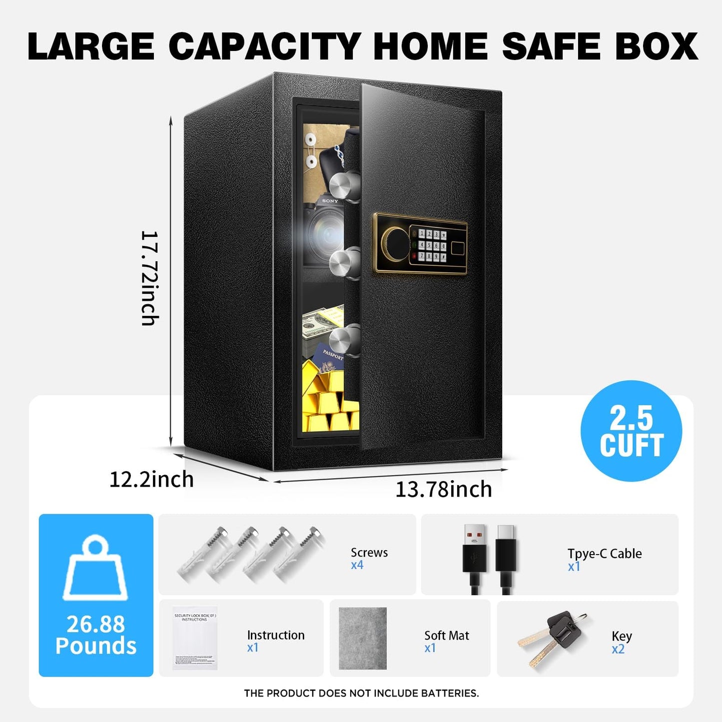 YAYAG 2.5 Cuft Home Safe Box Fireproof Waterproof, Anti-Theft Security Box with Emergency Type-C External Interface, Electronic Digital Keypad, Safety Personal Combination lock for Office Document